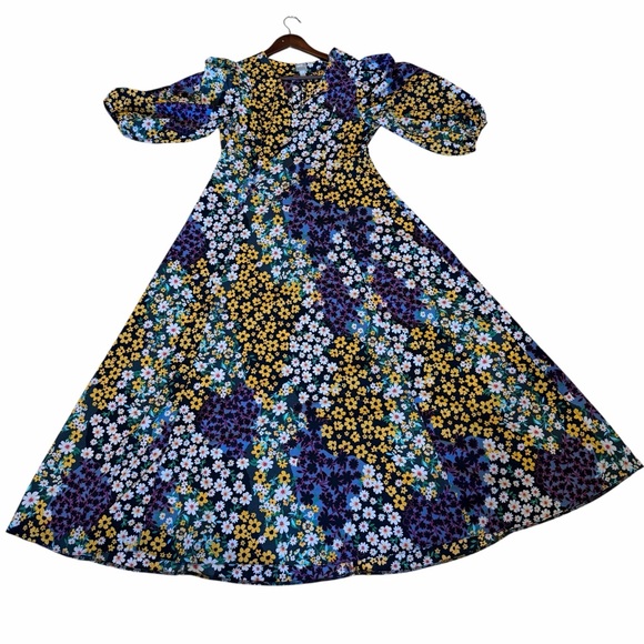 ASOS Floral Midi Dress Patchwork Ditsy Print Puff Sleeve V Neck Womens US 6 - Picture 7 of 12